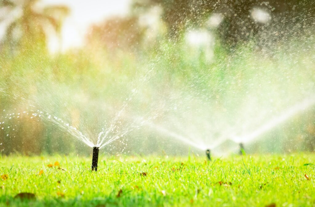 Automatic lawn sprinkler watering green grass. Sprinkler with automatic system. Garden irrigation
